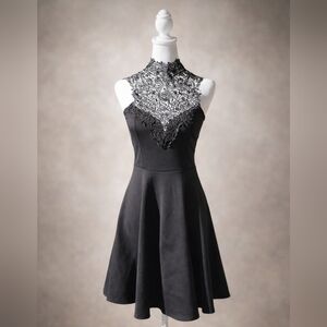 Whimsigoth Mock Neck Black Lace Mini Dress
